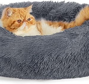 Bedsure Calming Cat Beds for Indoor Cats - Small Cat Bed Washable 20 inches, Anti-Slip Round Fluffy Plush Faux Fur Pet Bed, Fits up to 15 lbs Pets, Dark Grey