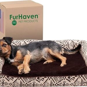 Furhaven Cooling Gel Dog Bed for Medium/Small Dogs w/ Removable Bolsters & Washable Cover, For Dogs Up to 35 lbs - Plush & Southwest Kilim Woven Decor Sofa - Desert Brown, Medium