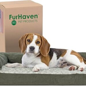 Furhaven Cooling Gel Dog Bed for Medium/Small Dogs w/ Removable Bolsters & Washable Cover, For Dogs Up to 35 lbs - Two-Tone Plush Faux Fur & Suede L Shaped Chaise - Dark Sage,...