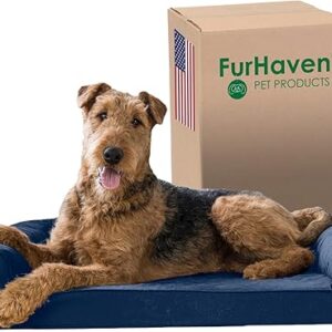 Furhaven Memory Foam Dog Bed for Large/Medium Dogs w/ Removable Bolsters & Washable Cover, For Dogs Up to 55 lbs - Quilted Sofa - Navy (Blue), Large