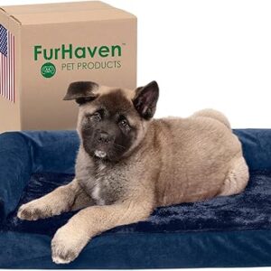 Furhaven Memory Foam Dog Bed for Medium/Small Dogs w/ Removable Bolsters & Washable Cover, For Dogs Up to 35 lbs - Plush & Velvet L Shaped Chaise - Deep Sapphire, Medium