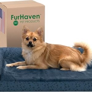 Furhaven Memory Foam Dog Bed for Medium/Small Dogs w/ Removable Bolsters & Washable Cover, For Dogs Up to 35 lbs - Plush & Almond Print L Shaped Chaise - Blue Almonds, Medium