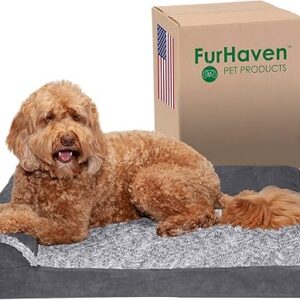 Furhaven Orthopedic Dog Bed for Large/Medium Dogs w/ Removable Bolsters & Washable Cover, For Dogs Up to 55 lbs - Two-Tone Plush Faux Fur & Suede L Shaped Chaise - Stone Gray,...