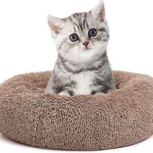 MIXJOY Calming Cat Beds for Indoor Cats, 20'' Kitten Donut Bed for Pet Up to 15lbs, Fluffy Small Cat Cuddler Bed, Anti-Anxiety Plush Faux Fur Large Cat Bed Washable (20'', Brown)